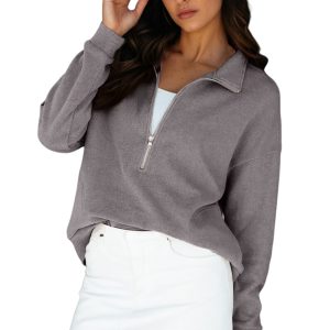 Women's Gray Half Zip Sweatshirt, Casual Waffle Texture Top - Main View