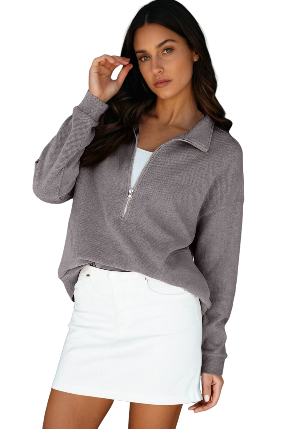 Women's Gray Half Zip Sweatshirt, Casual Waffle Texture Top - Main View