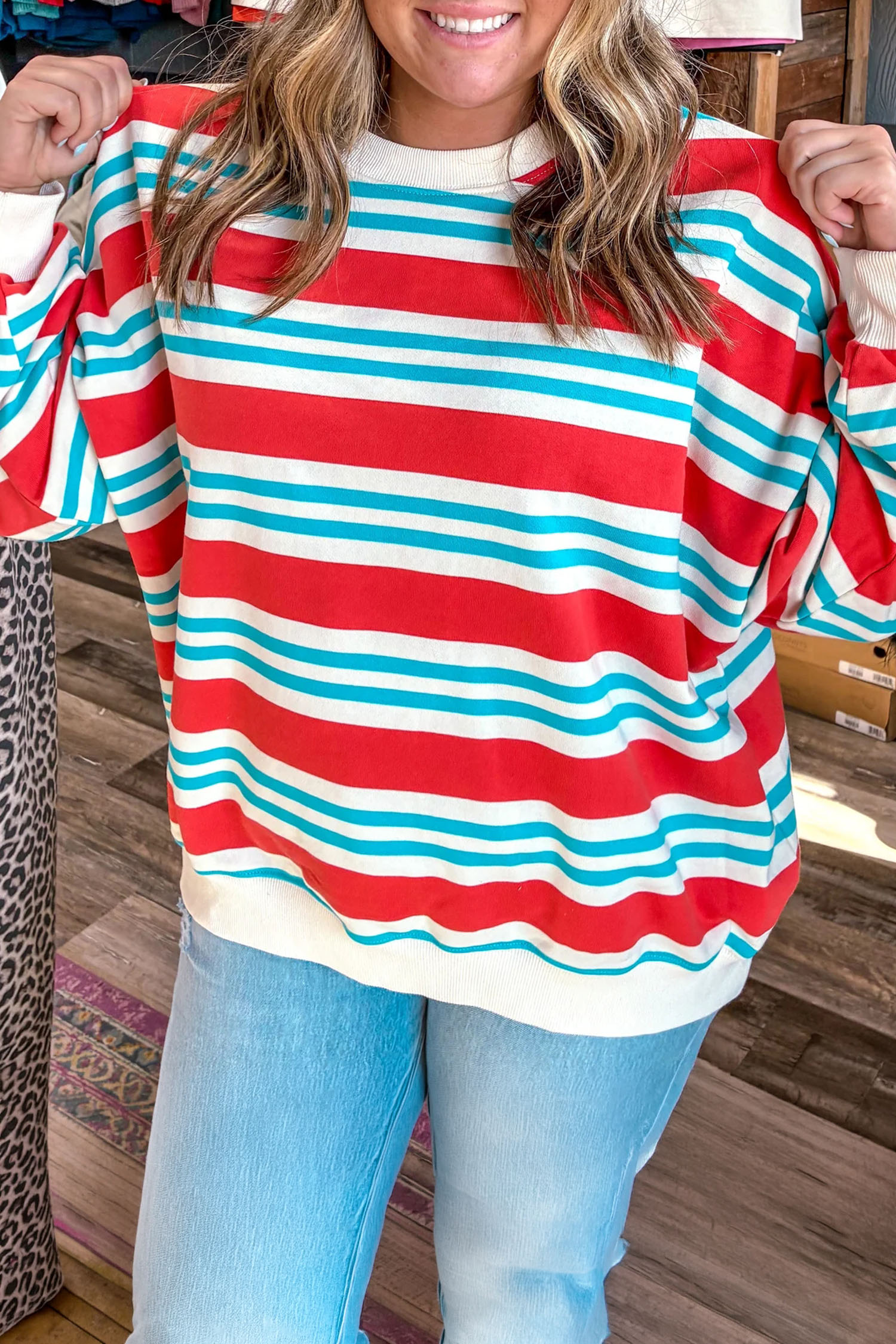 Colorblock Striped Pullover, Autumn Casual Crewneck Top - Detail View 5