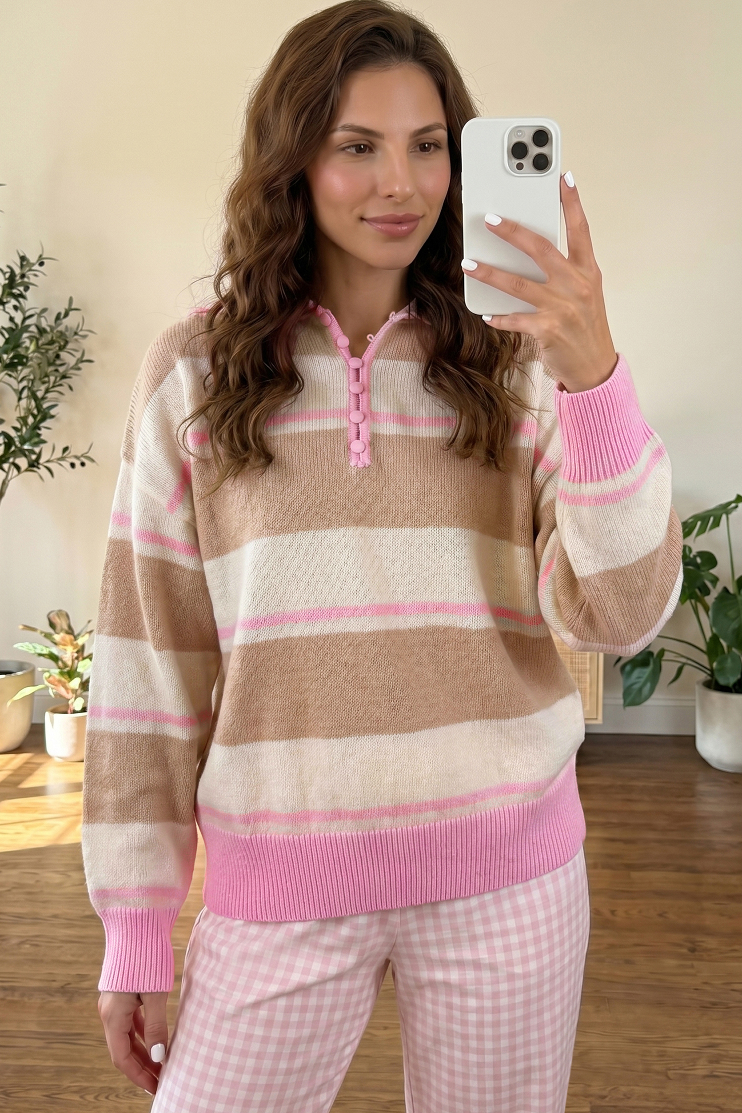 Women's Button Collar Sweater, Soft Casual Striped Knit - Detail View 3