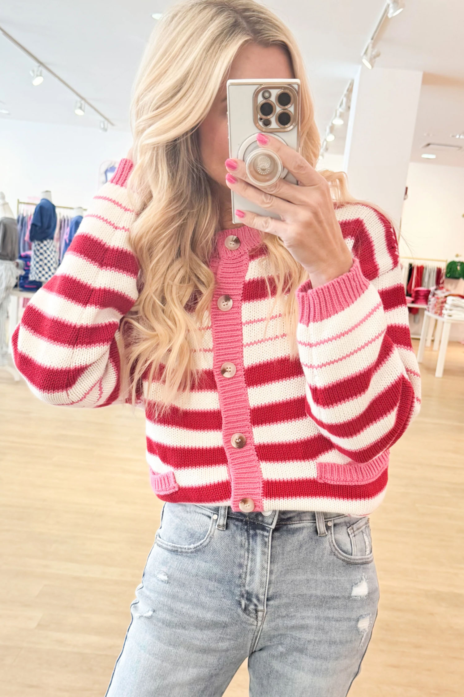 Soft Knit Striped Cardigan, Long Sleeve Button Up Sweater - Detail View 8