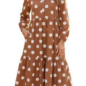 Women's Brown Polka Dot Maxi Dress, Elegant Long Sleeve Tiered - Main View