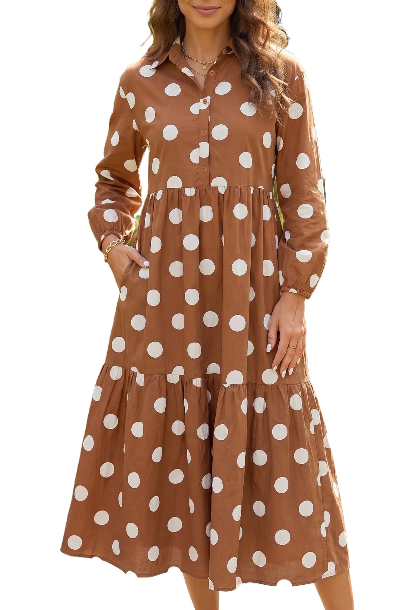 Women's Brown Polka Dot Maxi Dress, Elegant Long Sleeve Tiered - Main View