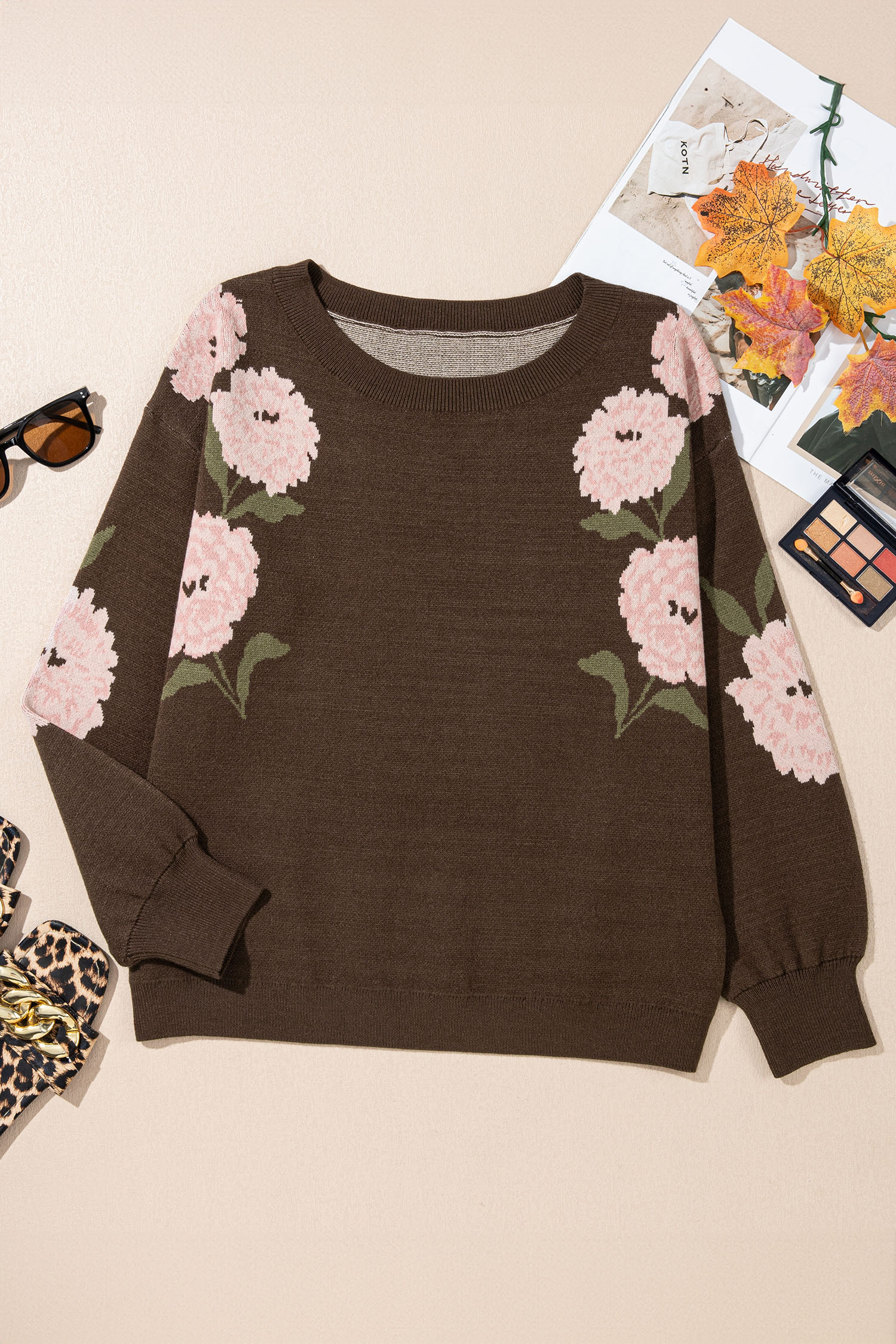 Women's Floral Pullover, Drop Shoulder Autumn Sweater - Detail View 7