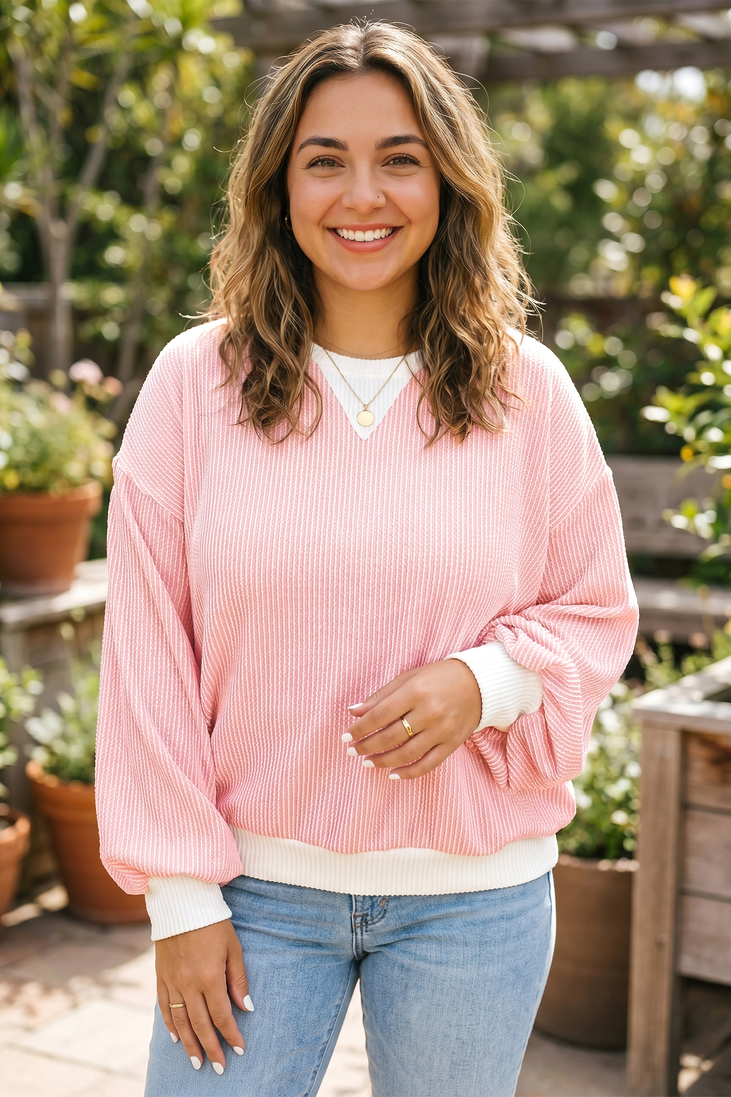 Women's Casual Knit Blouse, Long Sleeve Colorblock Pullover - Detail View 3