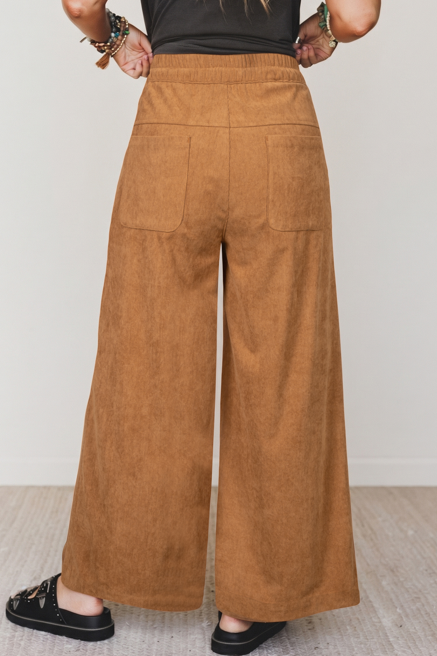 High Waist Corduroy Trousers, Button Placket Relaxed Fit - Detail View 6