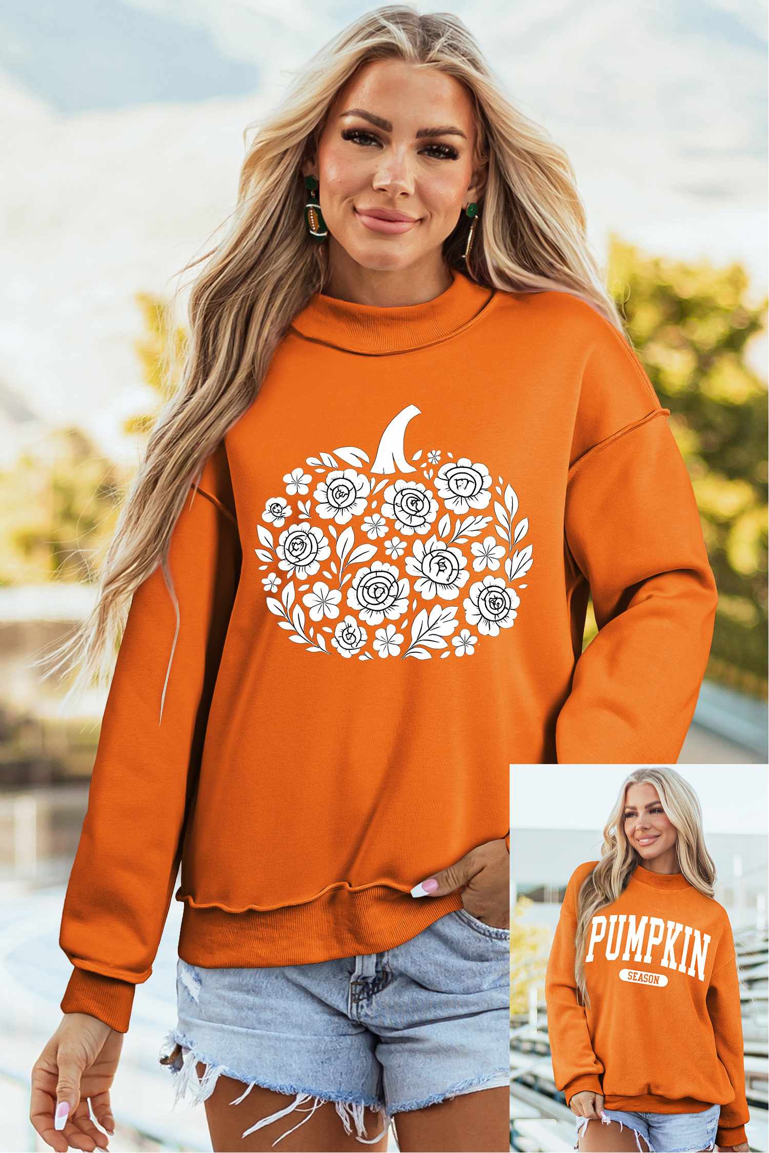 Autumn Pumpkin Print Sweatshirt, Mock Neck Long Sleeve Top - Detail View 5
