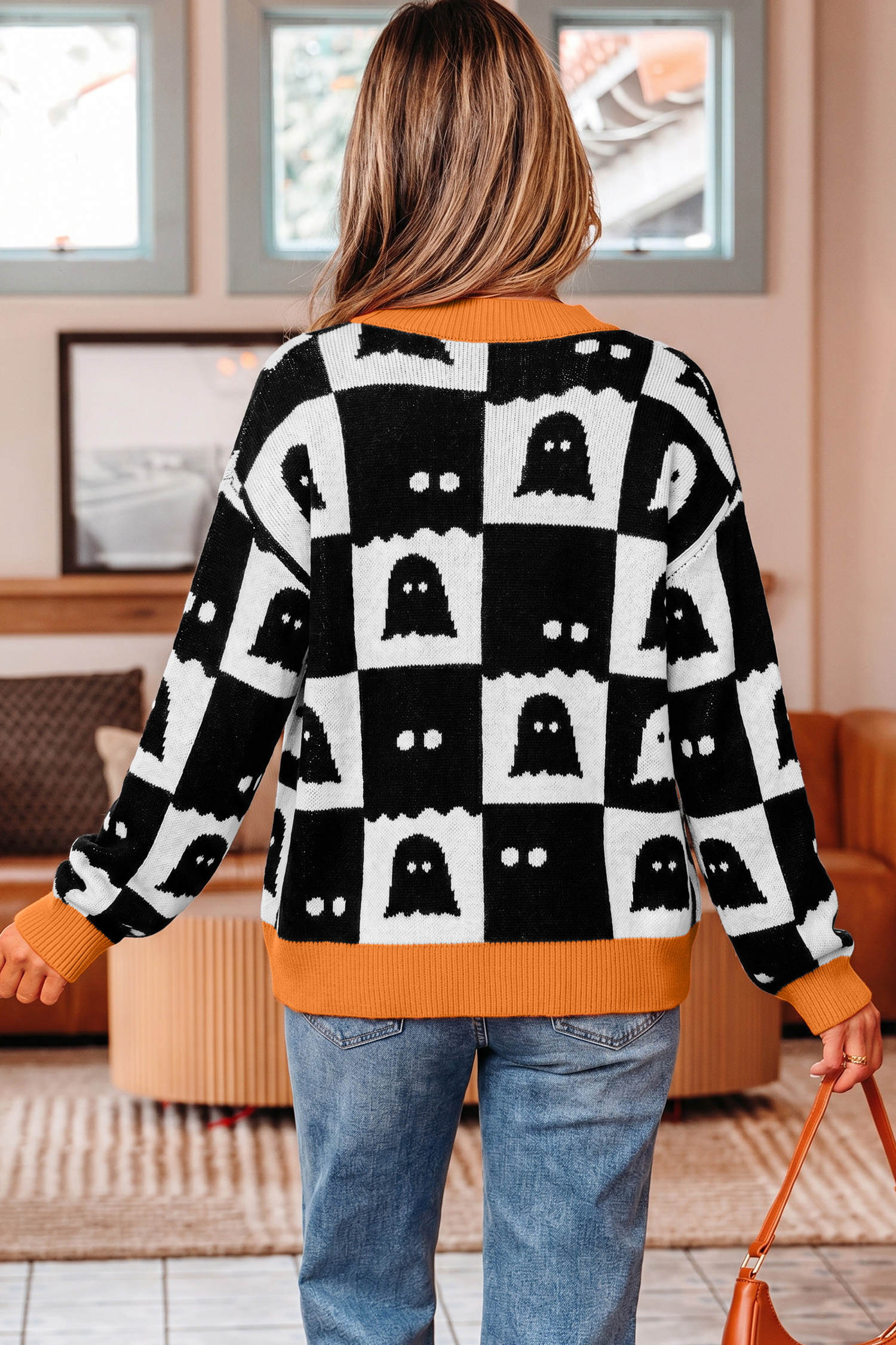 Black Orange Ghost Cardigan, Festive Long Sleeve Knit Layer - Detail View 3