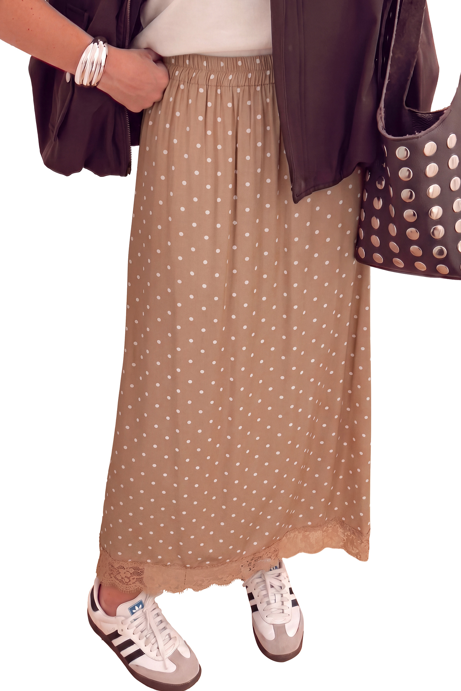 Khaki Polka Dot Long Skirt, Lace Hem Casual Women's Wear - Main View