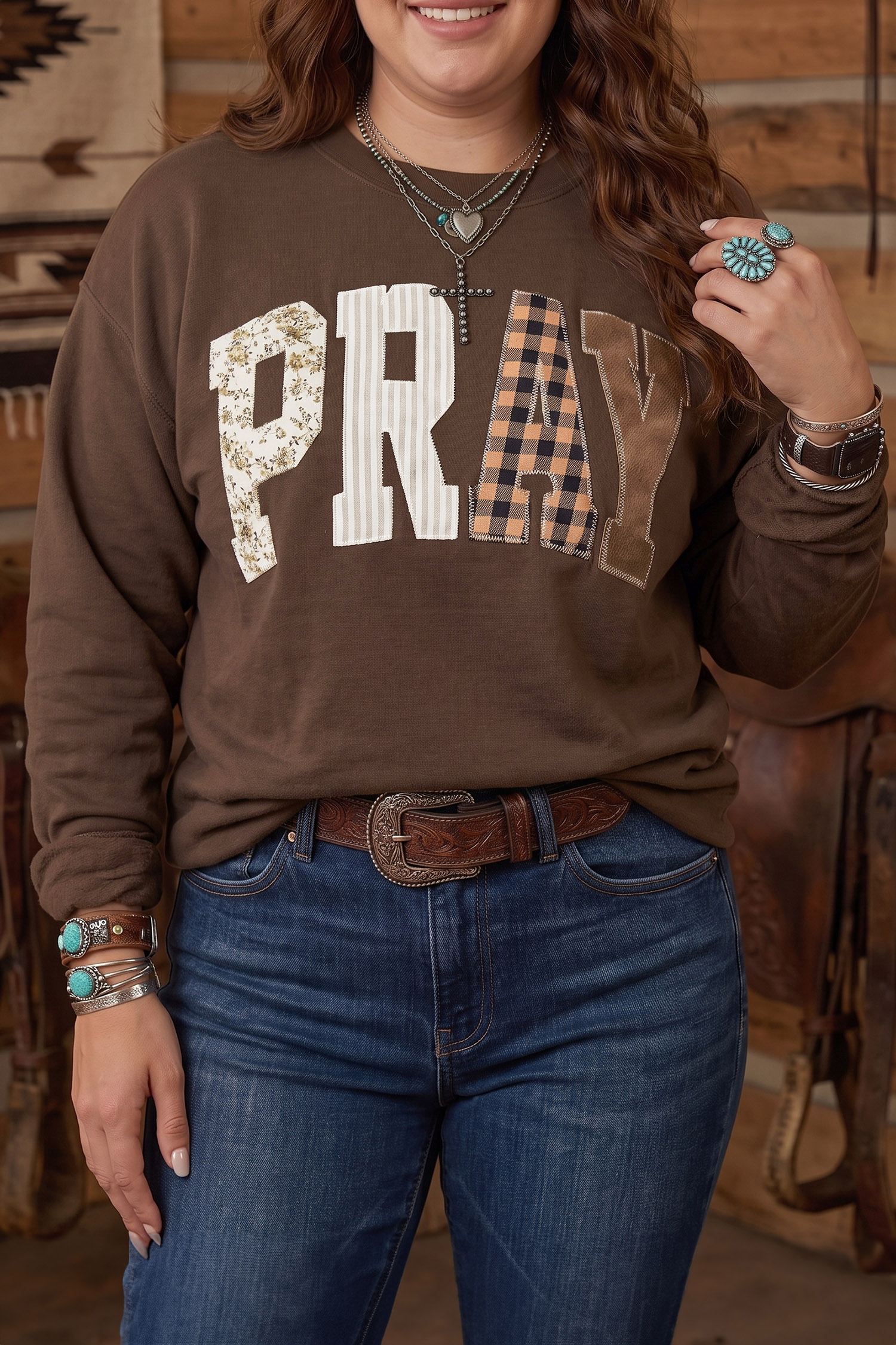 Women's Patchwork Letter Sweatshirt, Coffee Faith Pullover - Detail View 5