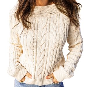 Women's Beige Cable Knit Sweater, Vintage Long Sleeve Top - Main View