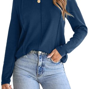 Women's Navy Blue Long Sleeve Top, Exposed Seam Crew Neck - Main View