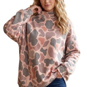 Women's Camo Pullover Sweatshirt, Casual Winter Mock Neck - Main View