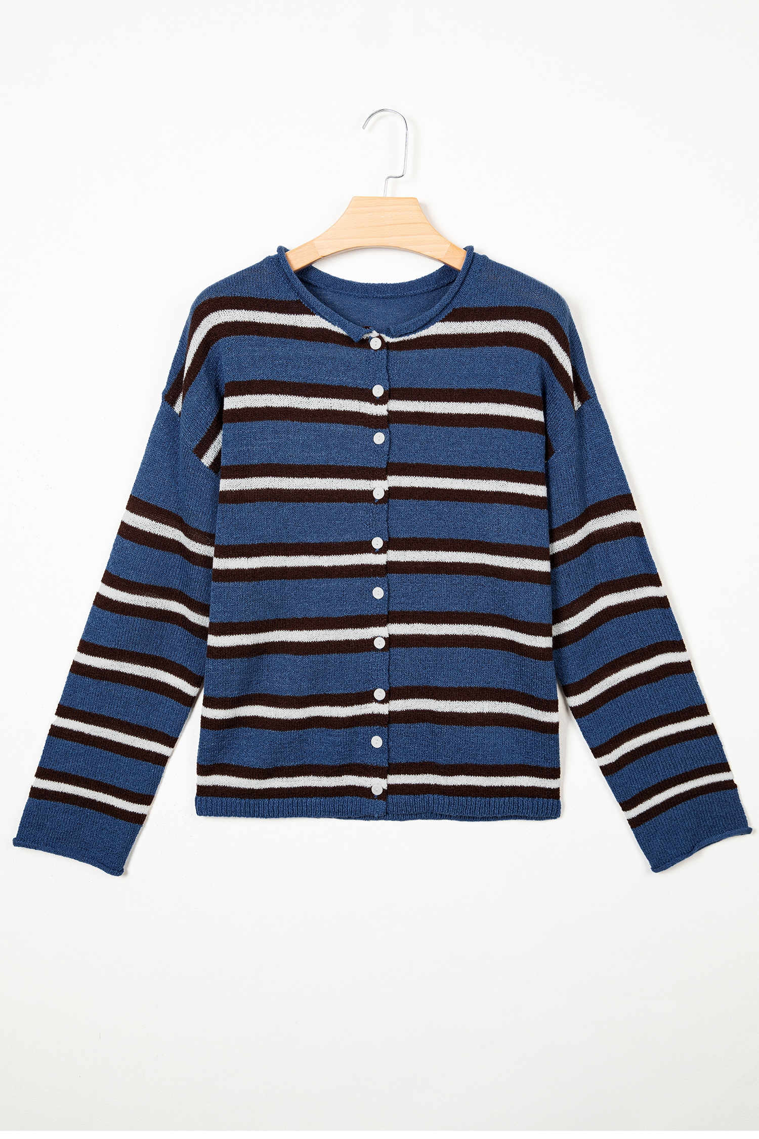 Blue Striped Button Cardigan, Relaxed Long Sleeve Knit Top - Detail View 8