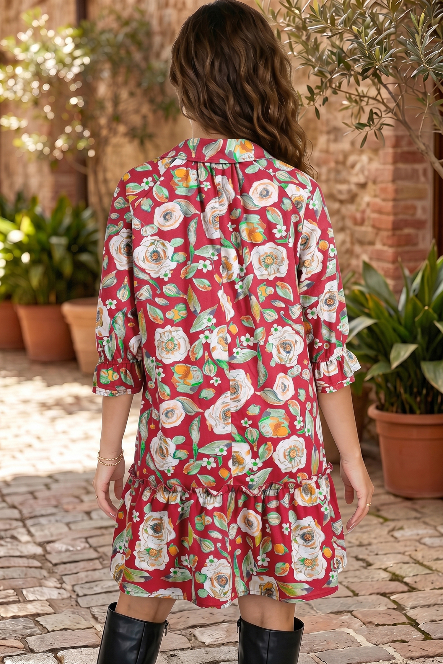Floral Print Shift Dress, Short Cotton Vacation Mini Outfit - Detail View 2