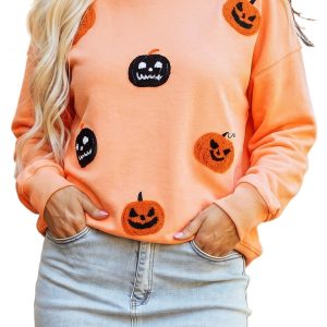 Women's Pumpkin Sweatshirt, Embroidered Fall Long Sleeve Top - Main View