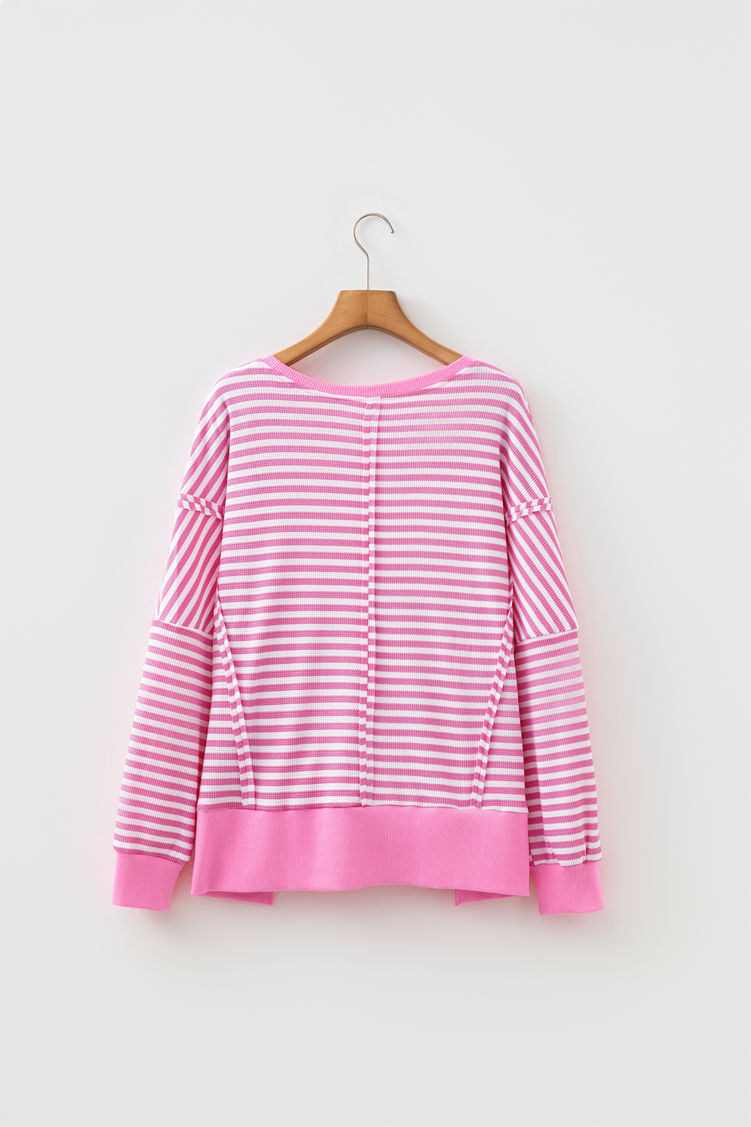 Pink Striped Textured Sweater, Relaxed Crew Neck Fall Top - Detail View 8