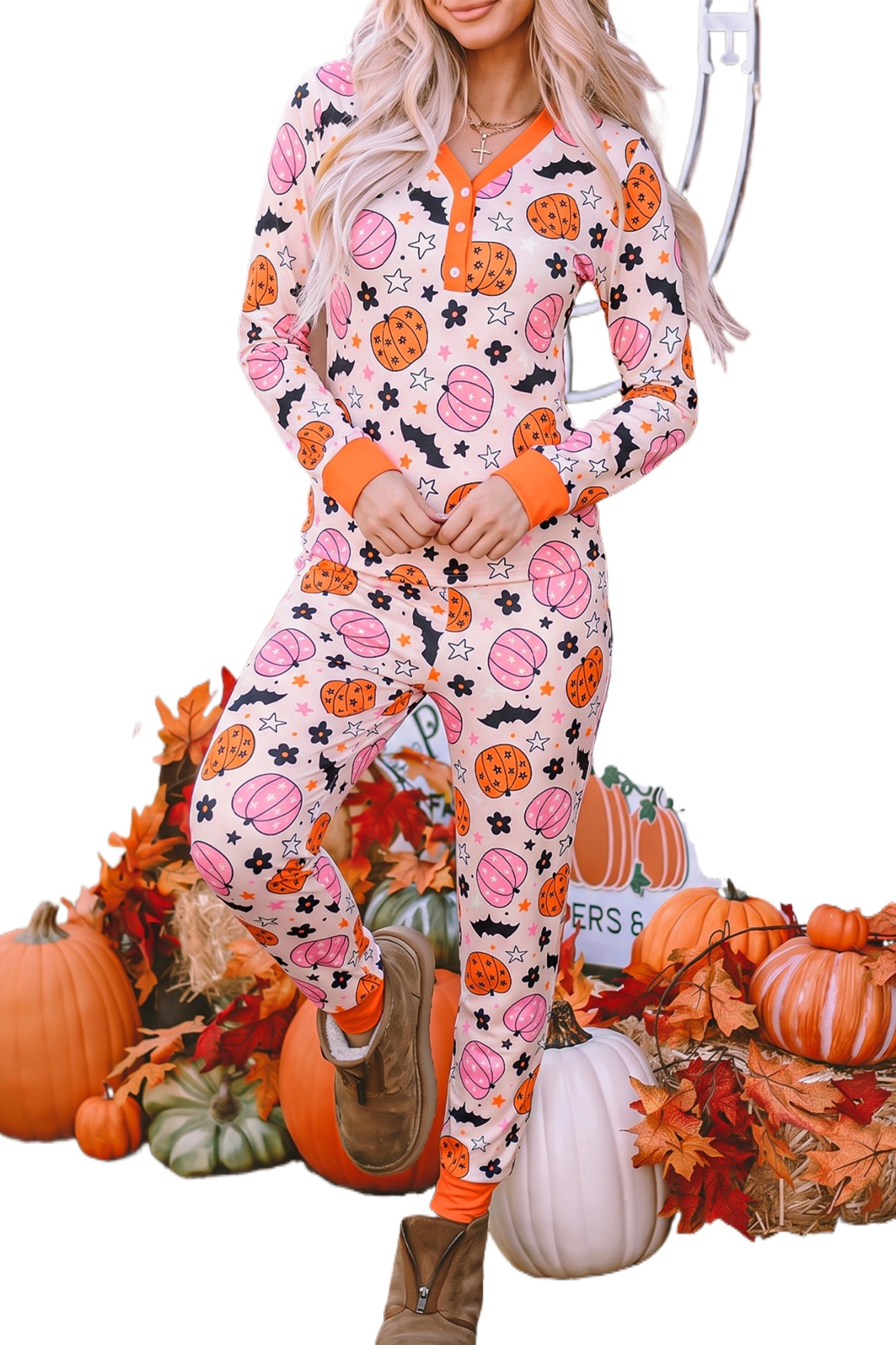 Fall Pumpkin Print Pajama Set, Women's Casual Home Wear - Detail View 2