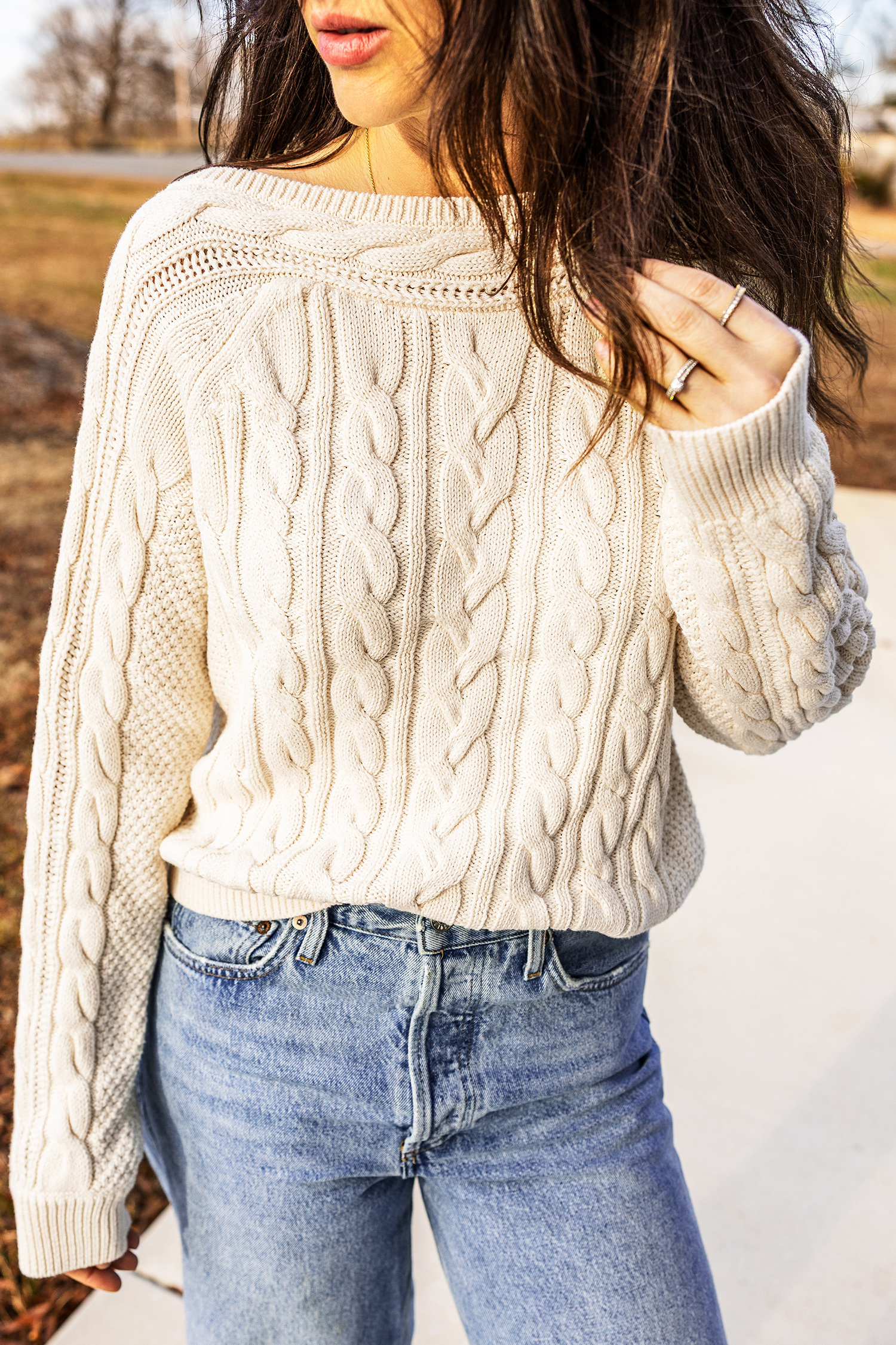 Vintage Style Cable Knit Sweater, Soft Beige Daily Pullover - Detail View 9