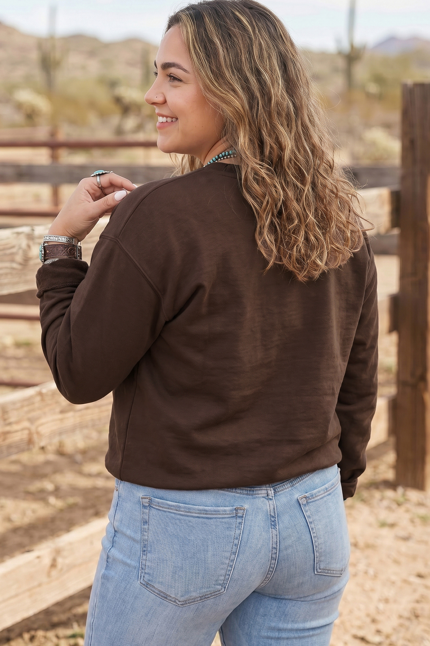 Women's Patchwork Letter Sweatshirt, Coffee Faith Pullover - Detail View 2
