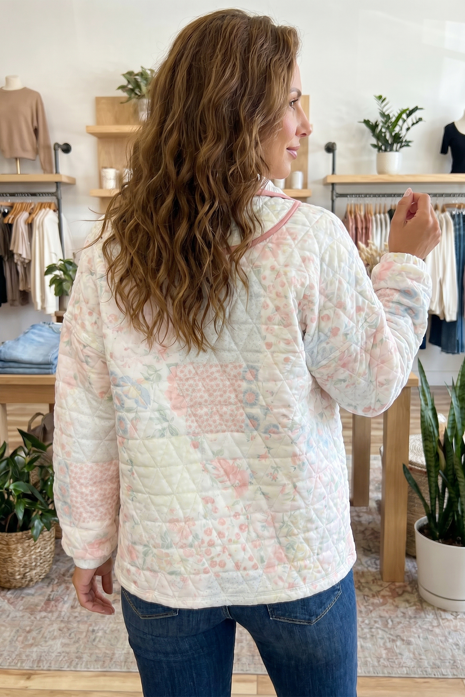Women's Long Sleeve Quilted Pullover, Floral Print Layer - Detail View 2