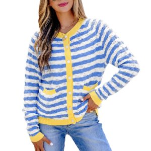 Women's Striped Knit Cardigan, Casual Button Front Sweater - Main View