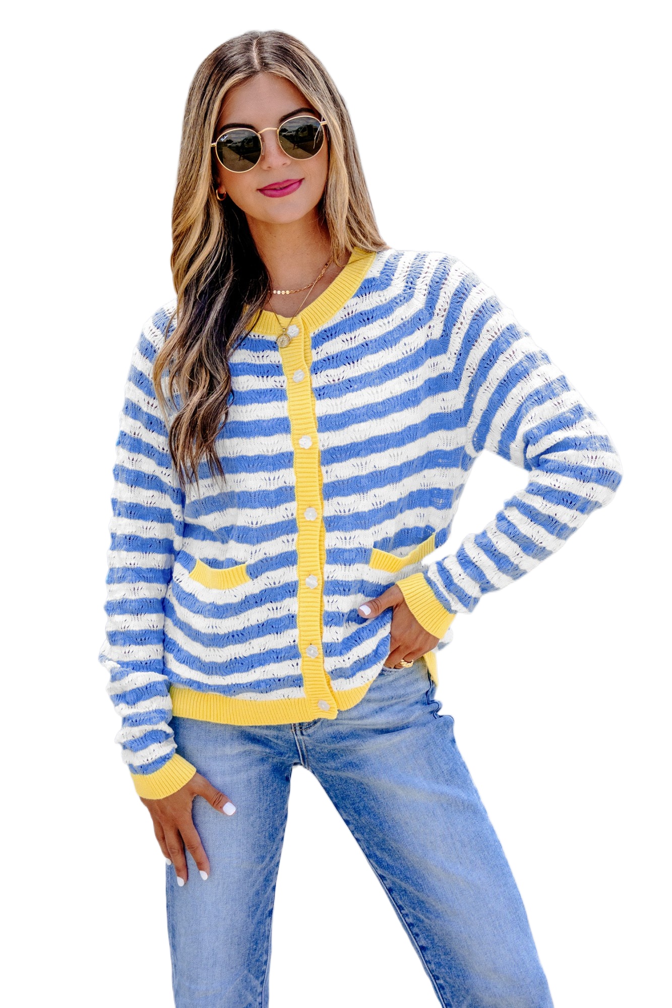 Women's Striped Knit Cardigan, Casual Button Front Sweater - Main View