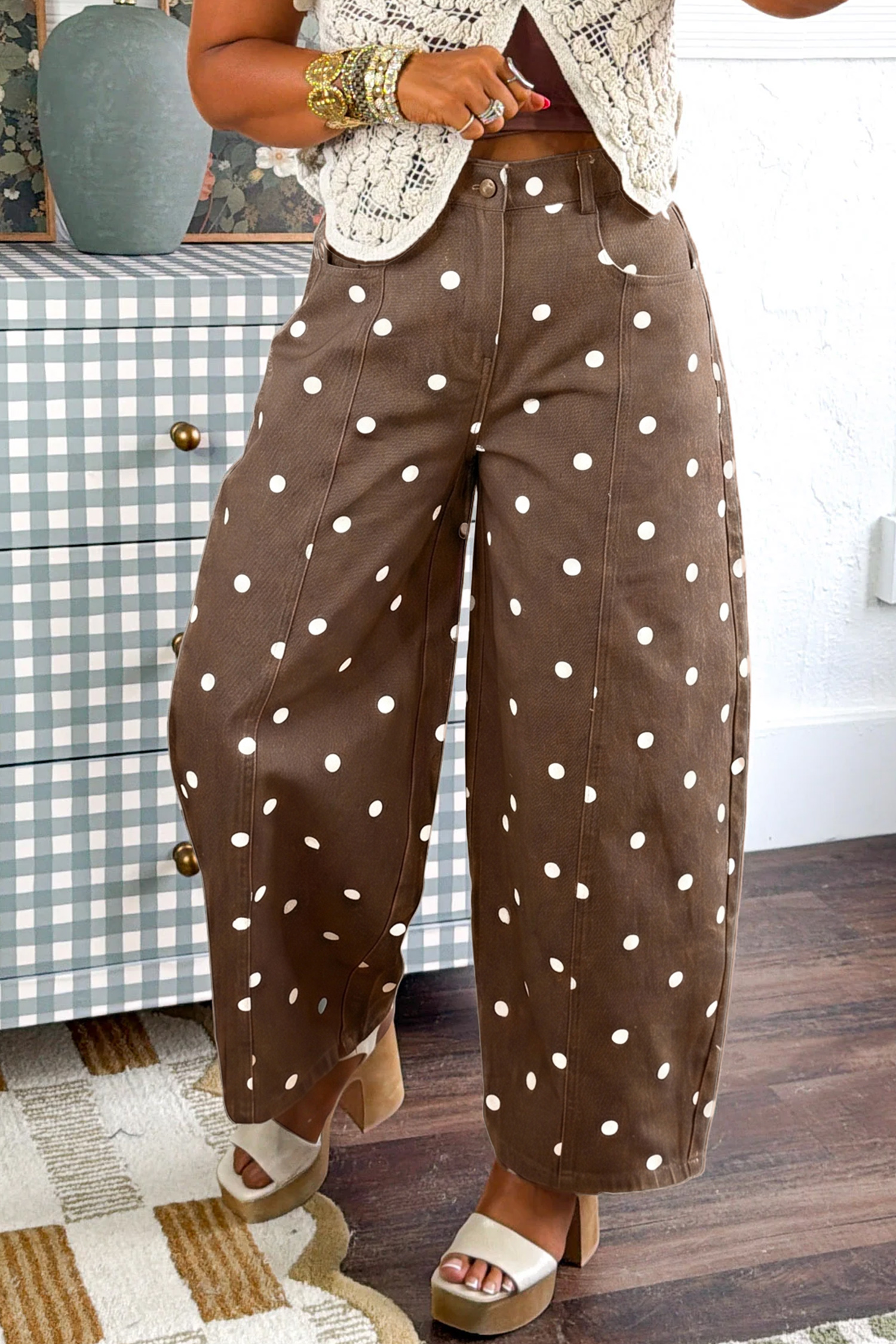 High Waisted Barrel Denim Jeans, Women's Brown Polka Dot Fit - Detail View 6