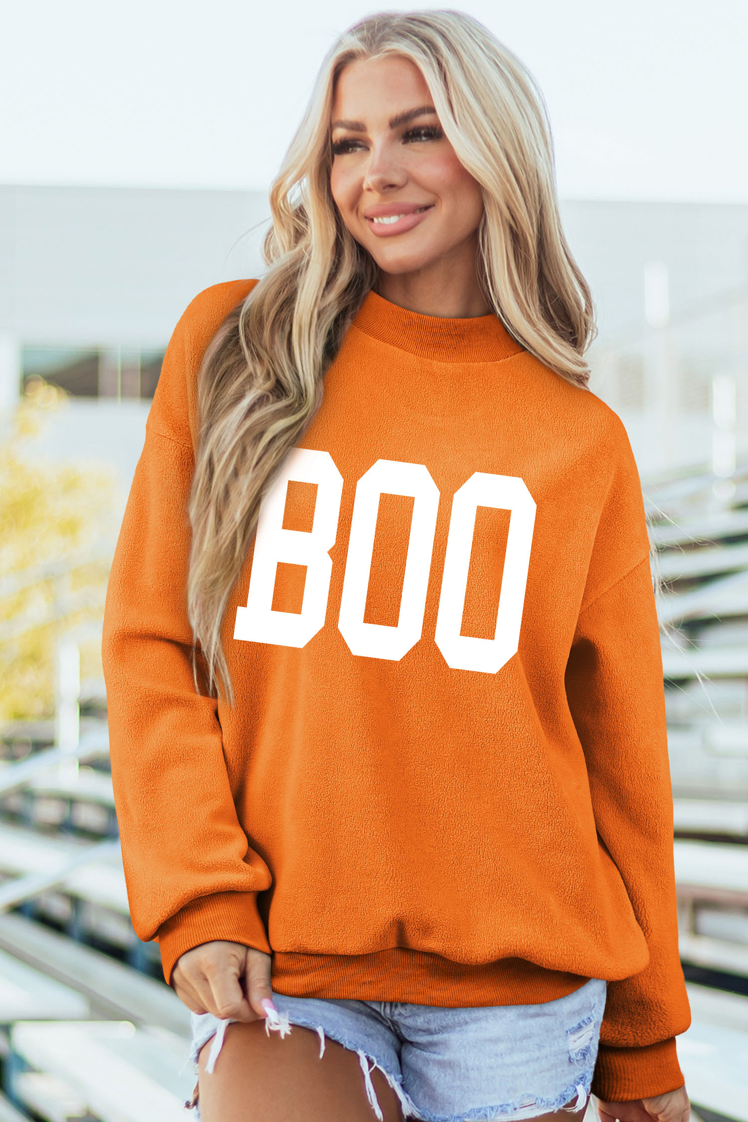 Halloween Mock Neck Pullover, Carrot Orange Letter Graphic - Detail View 8