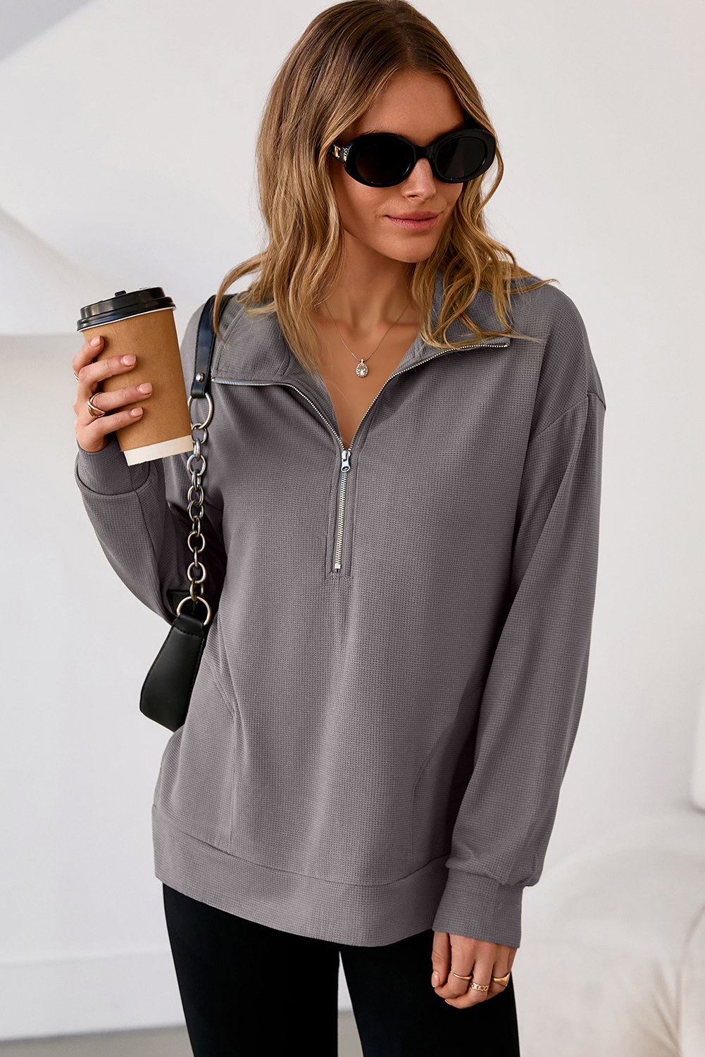 Waffle Knit Half Zip Pullover, Cozy Gray Long Sleeve Shirt - Detail View 20