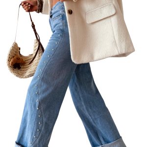 Women's Rivet Detail Jeans, Dusk Blue Wide Leg Denim Pants - Main View