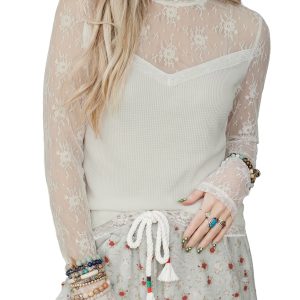 Women's Lace Mesh Top, Elegant Long Sleeve Stand Neck Blouse - Main View