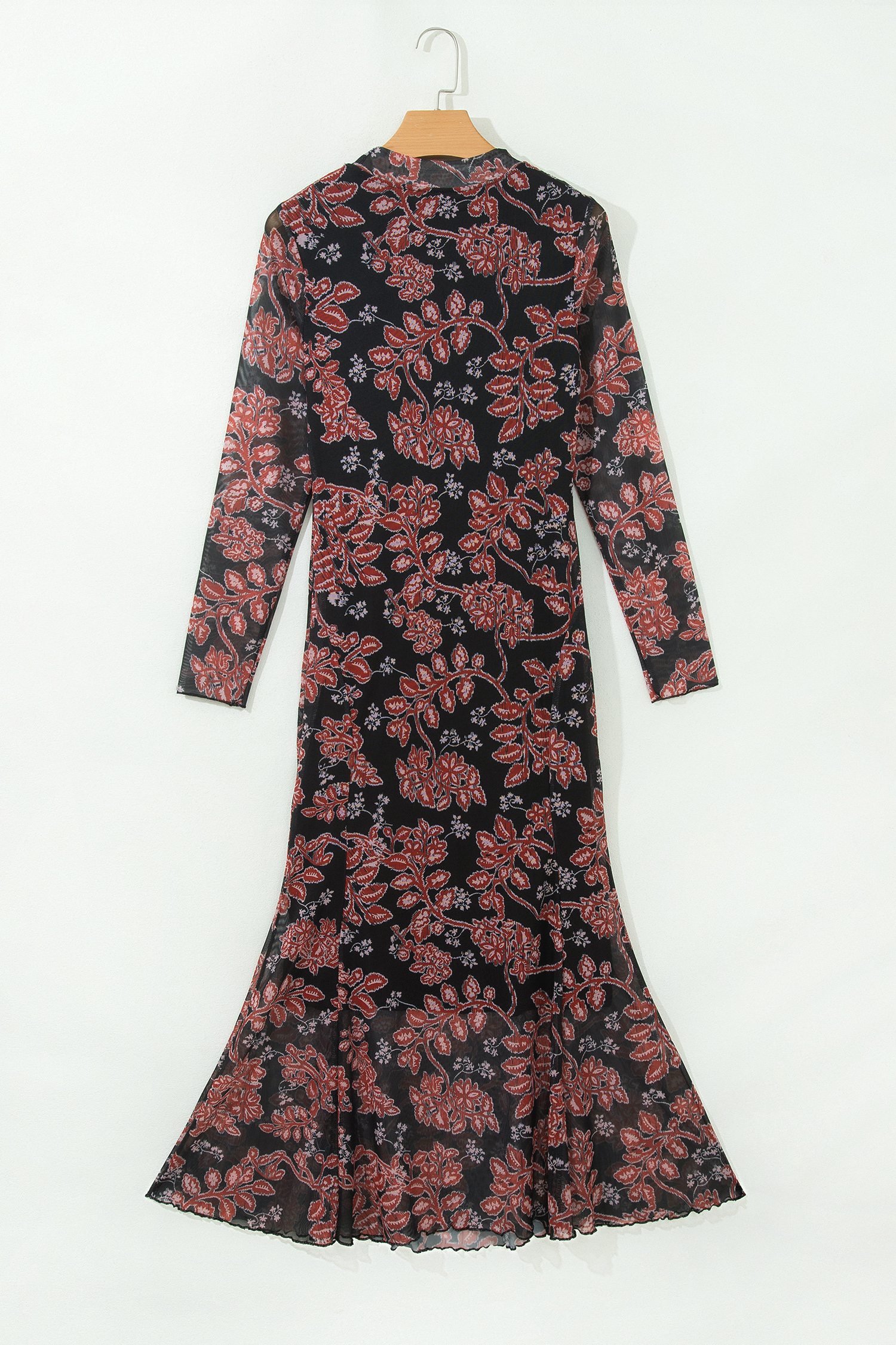 Black Floral Mesh Maxi Dress, Elegant Long Sleeve Fall Style - Detail View 8