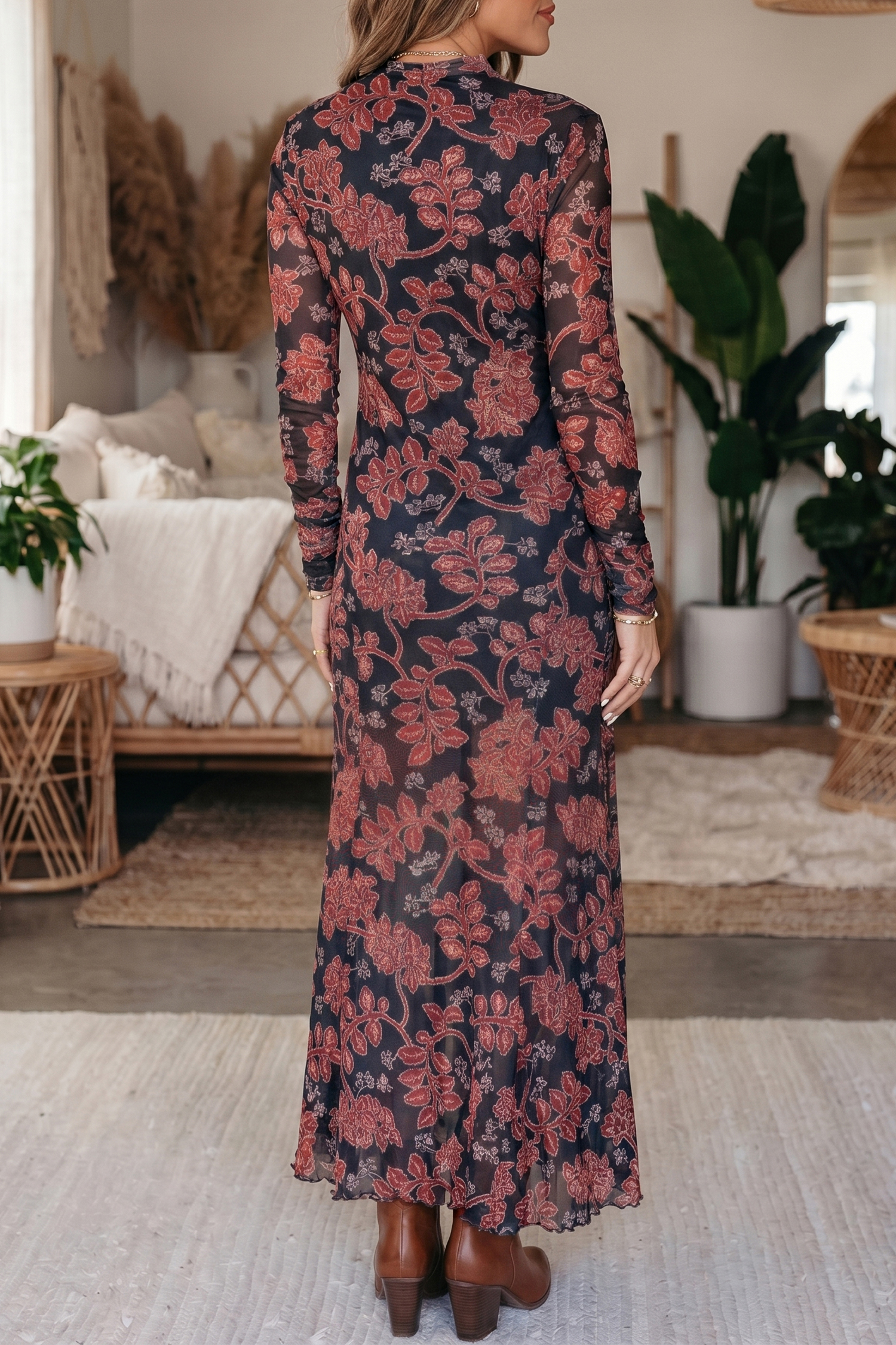Women's Casual Floral Mesh Dress, Long Sleeve Autumn Midi Fit - Detail View 3
