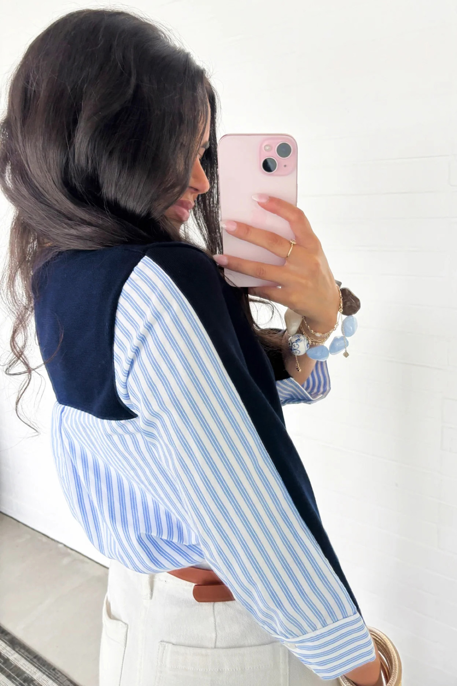 Navy Blue Patchwork Sweater, Chic Striped Long Sleeve Top - Detail View 2
