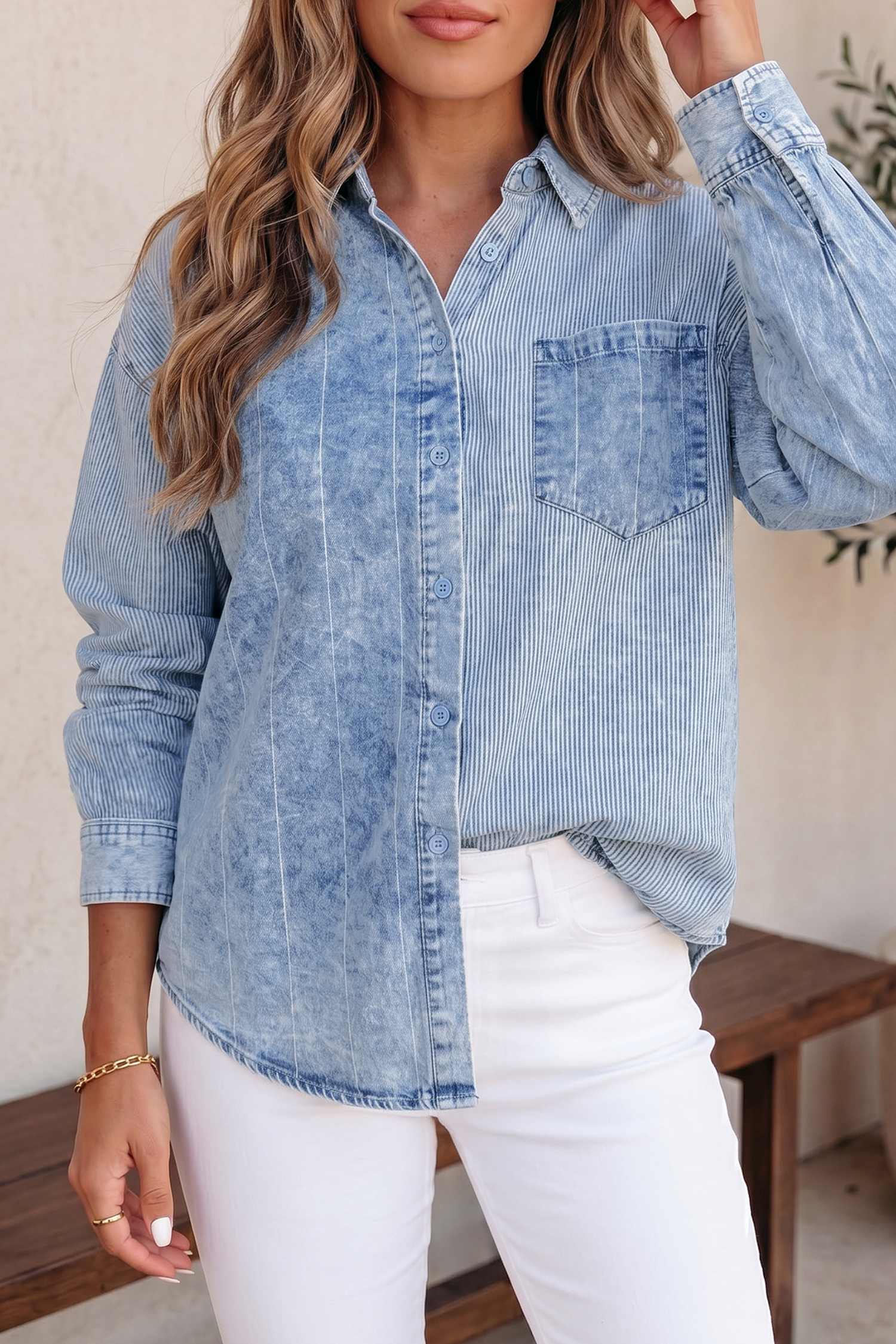Cotton Blend Striped Denim Shirt, Women's Cozy Top - Detail View 3