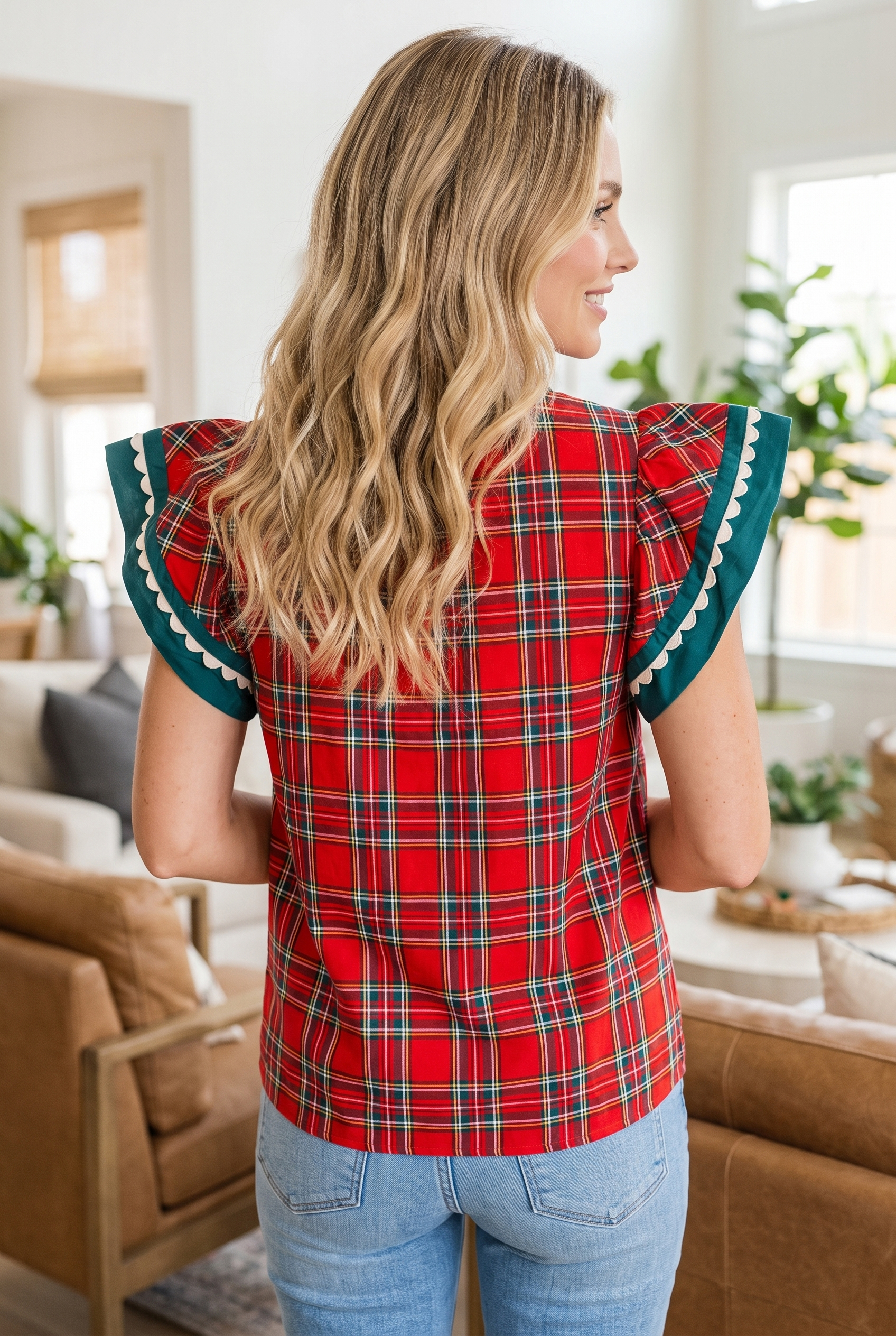 Women's Holiday Plaid Shirt, Short Sleeve Notched Neck Top - Detail View 2