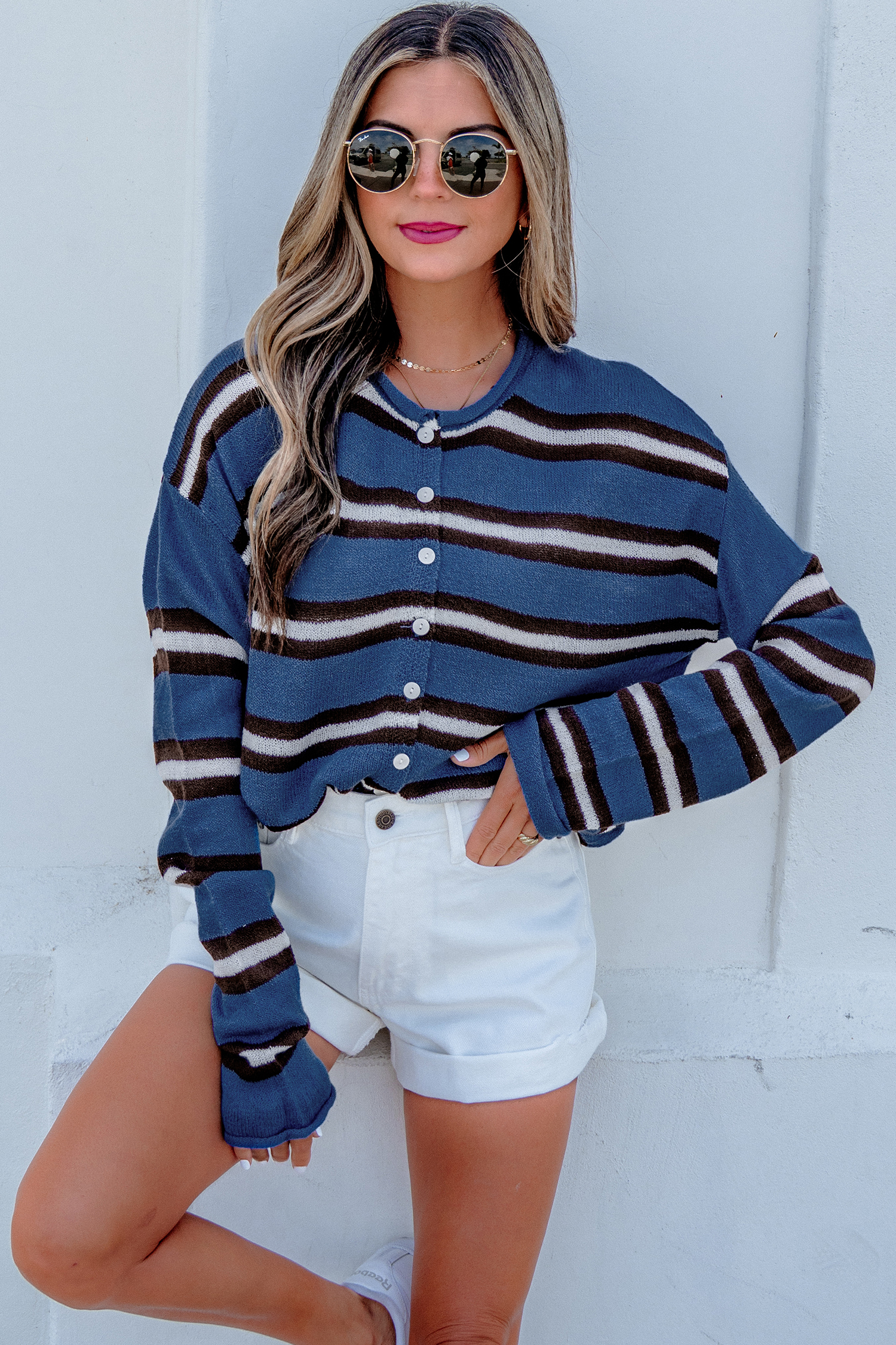 Blue Striped Button Cardigan, Relaxed Long Sleeve Knit Top - Detail View 5