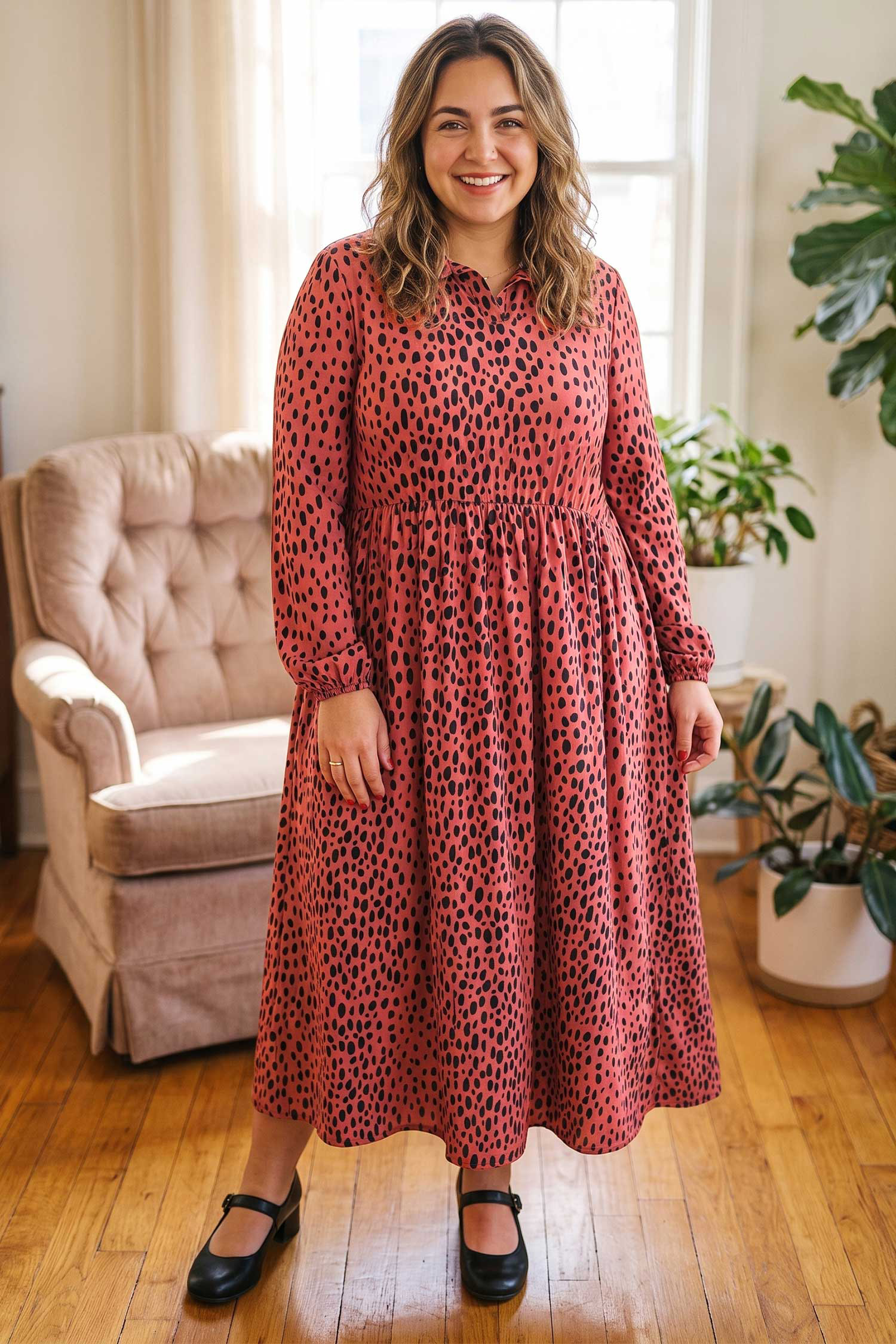 Women's Long Sleeve Dress, Cozy High Waist Leopard Midi - Detail View 3