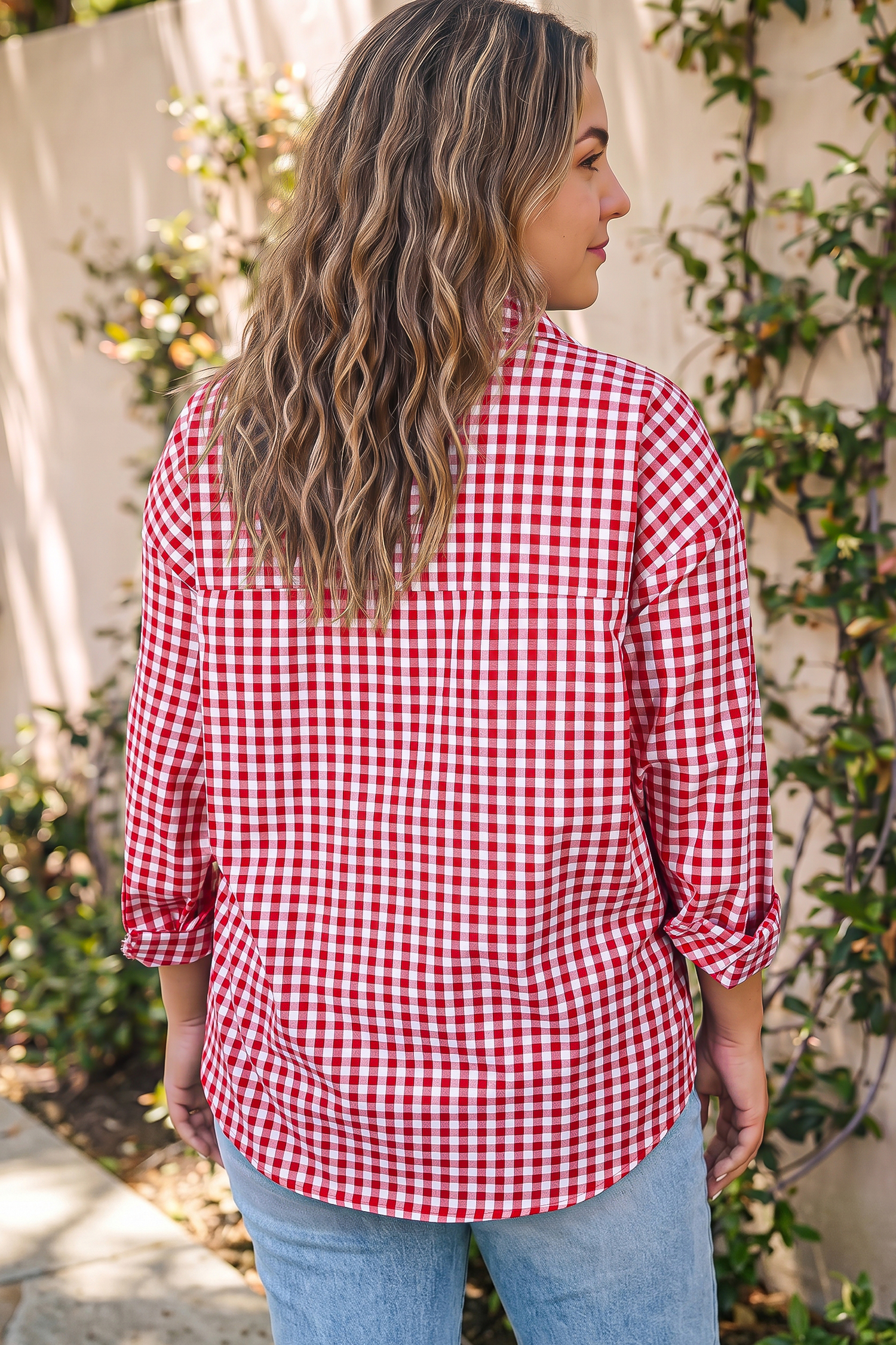 Women's Red Plaid Shirt, Casual Button Down Long Sleeve Top - Detail View 7
