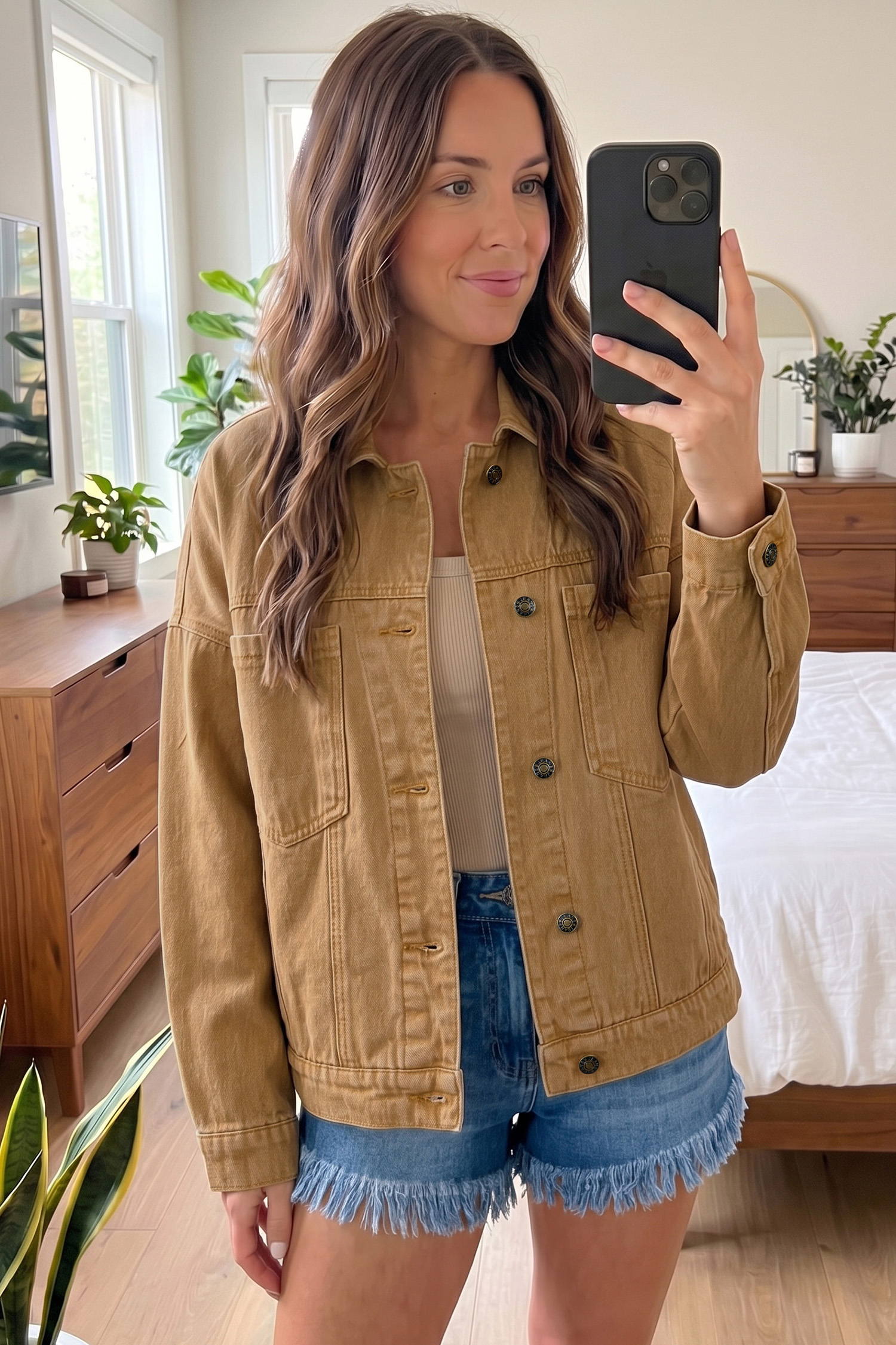 Casual Denim Jacket for Women, Honey Gold Long Sleeve Coat - Detail View 5