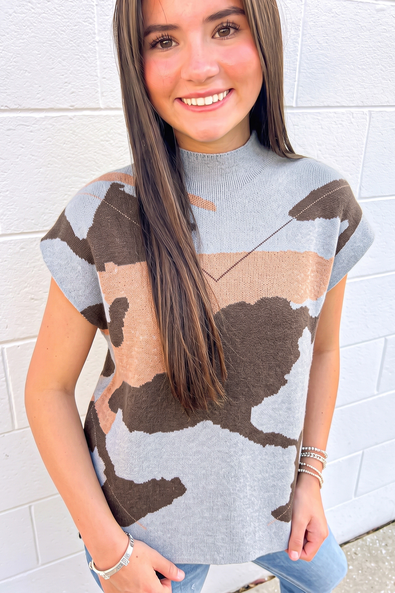 Women's Camouflage Mock Neck Sweater, Short Sleeve Knit Top - Detail View 13
