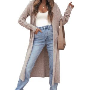 Women's Long Cardigan, Open Front Casual Khaki Knit Sweater - Main View