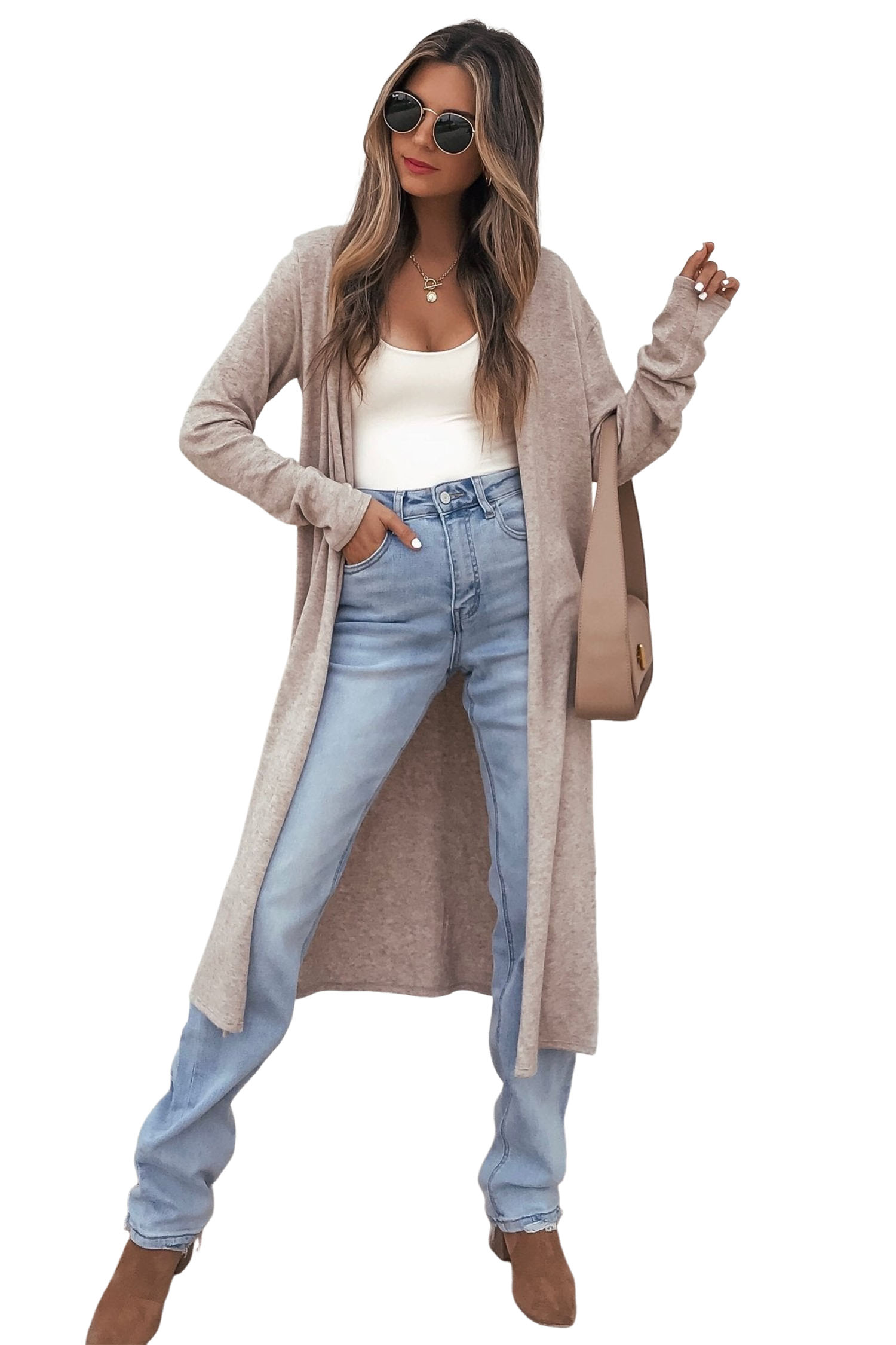 Women's Long Cardigan, Open Front Casual Khaki Knit Sweater - Main View