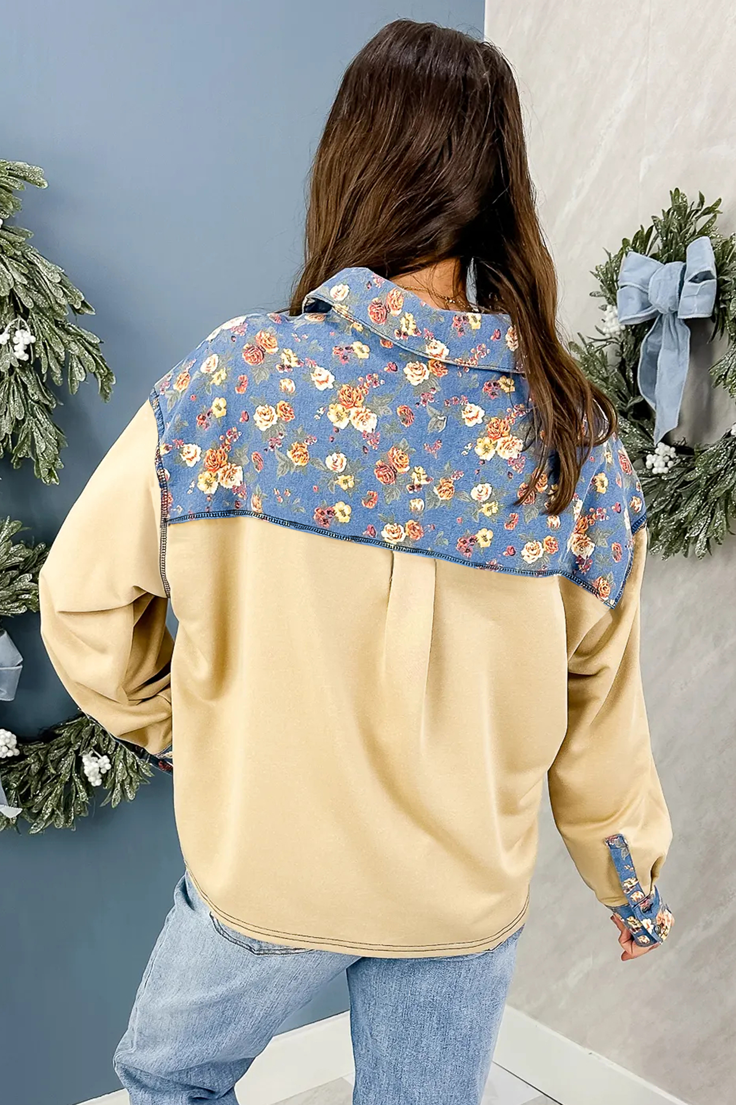 Apricot Floral Denim Pullover, Chic Contrast Trim Blouse - Detail View 2