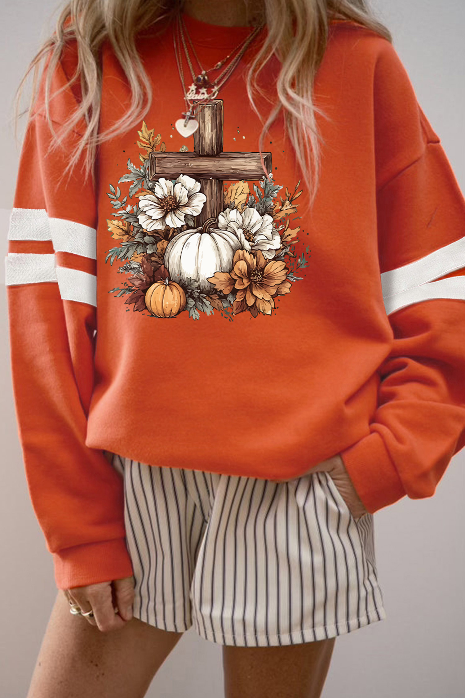 Graphic Autumn Pumpkin Long Sleeve, Women's Seasonal Crewneck - Detail View 2