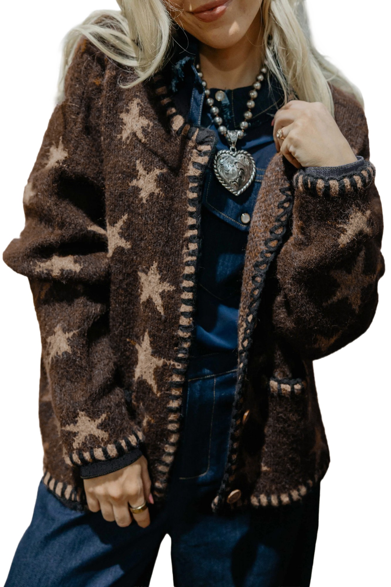 Women's Star Pattern Cardigan, Cozy Button Front Knit - Main View