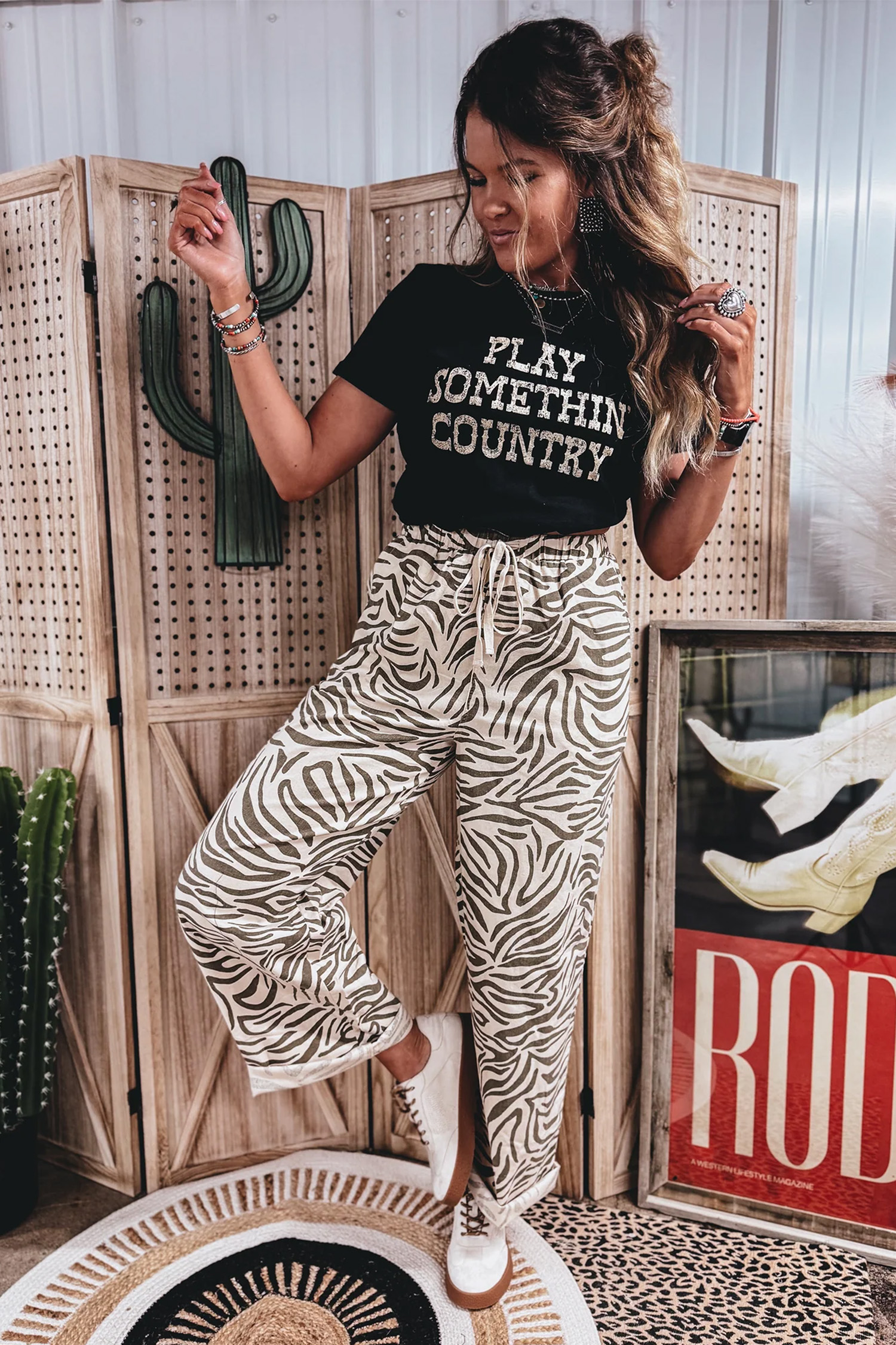 Casual Zebra Pattern Pants, High Waist Elastic Comfort Fit - Detail View 11