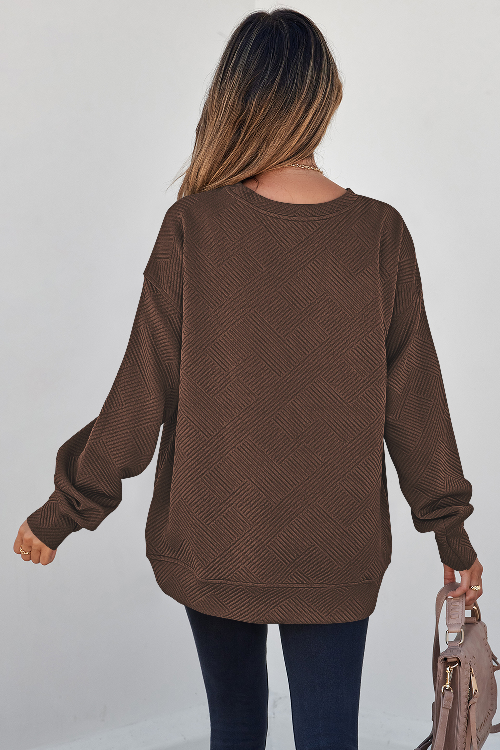 Casual Drop Shoulder Sweatshirt, Textured Coffee Pullover - Detail View 2