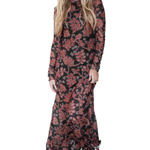 Women's Floral Mesh Dress, Long Sleeve Autumn Maxi Silhouette - Main View